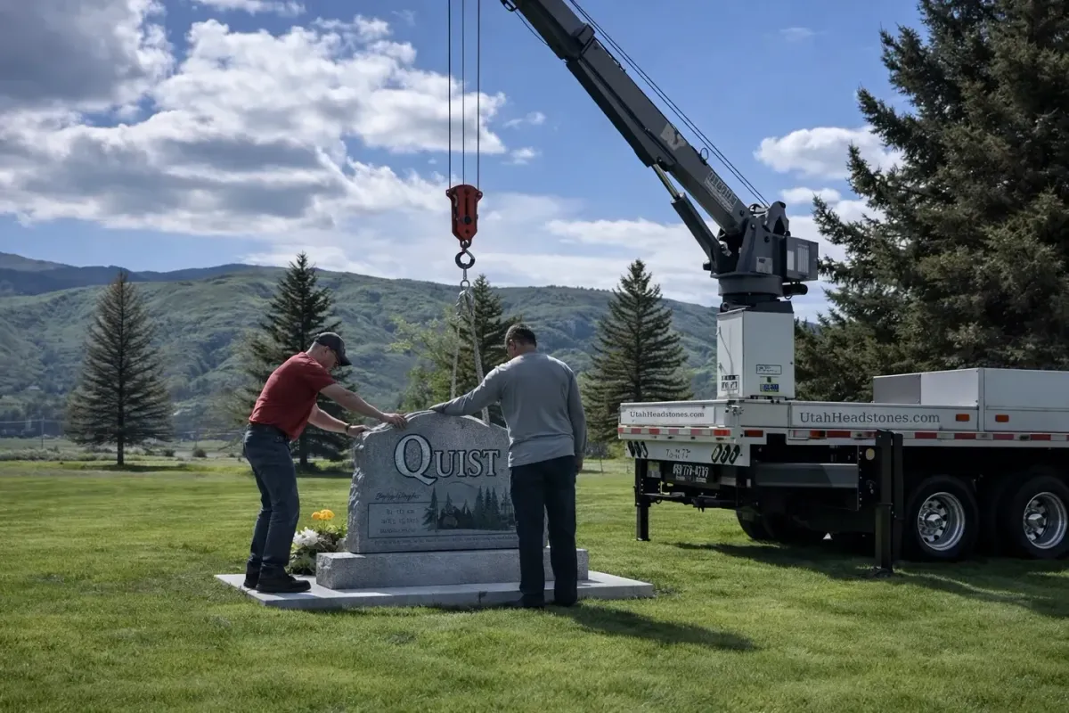 The Utah Headstone Design team setting a finished monument at a Utah cemetery
