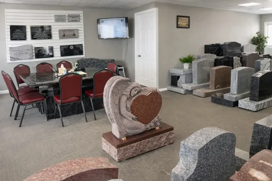 A custom angel monument on display in the showroom